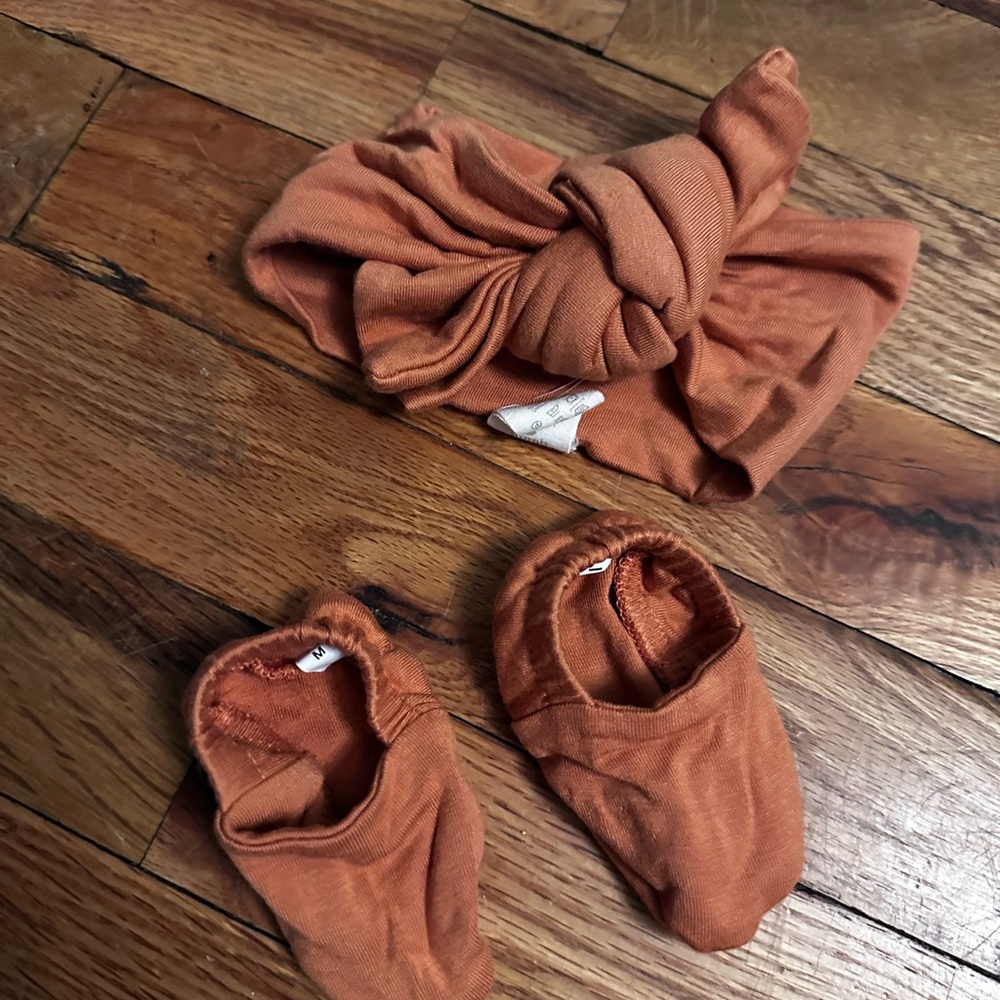 Kate Quinn Headband, Booties, and Bloomers in Rust Orange and Tan